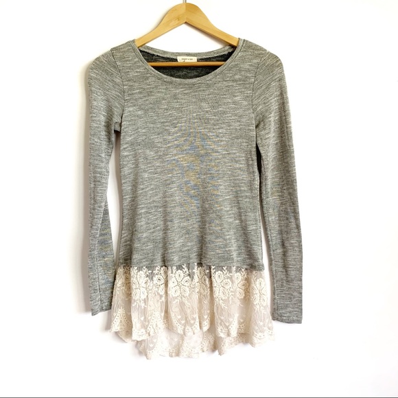 UO Paper + Tee Lace Trim Gray Long Sleeve Top